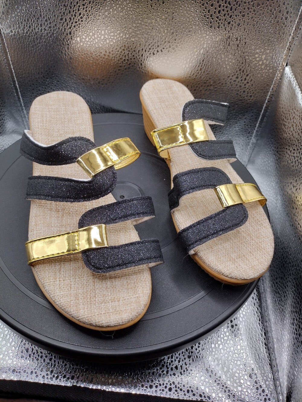 Black and Gold Wedge Strappy Slide Sandals for Women Size 36 (US 6)